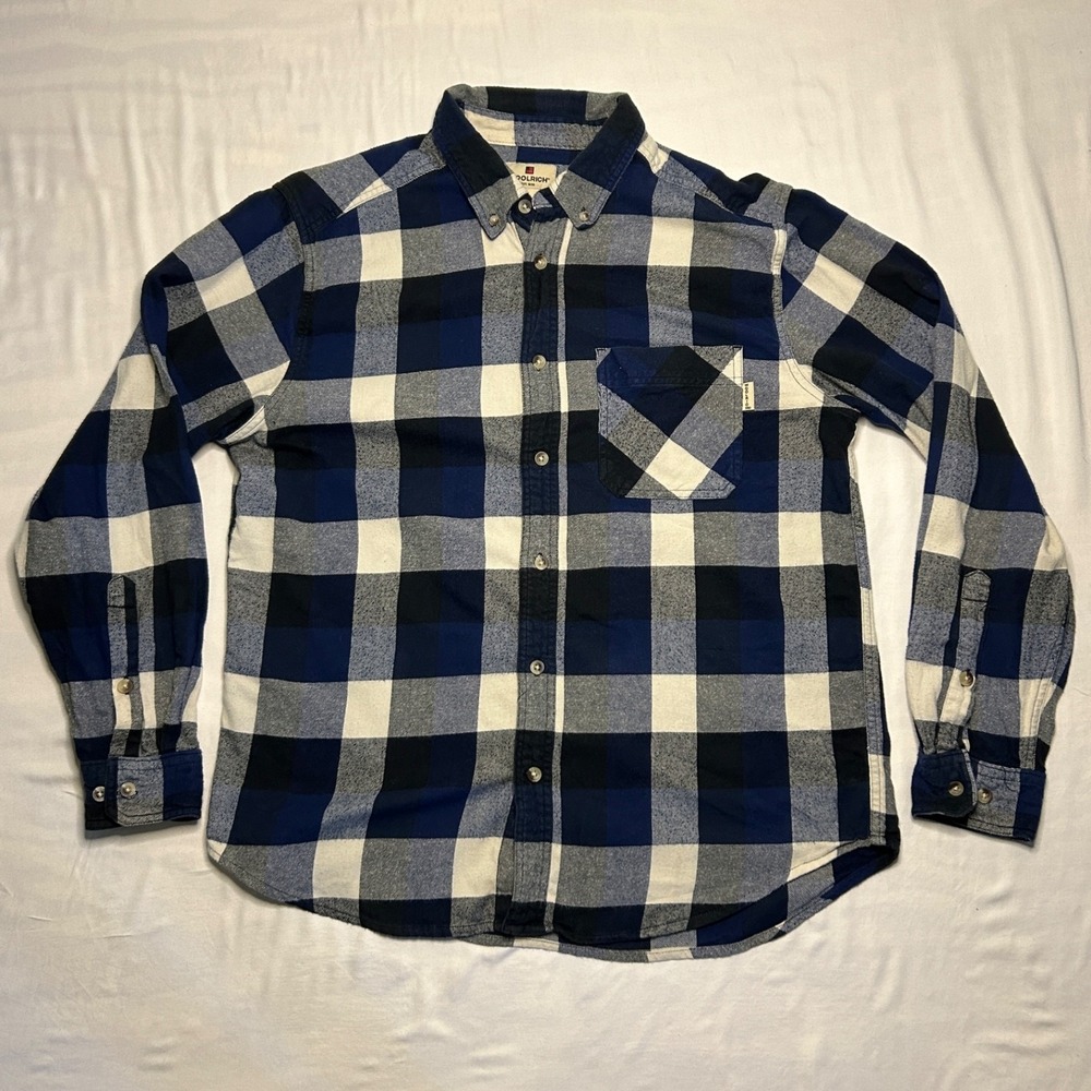 Woolrich Flannel Shirt Men's L Plaid Blue White Cozy Warm Soft Cotton